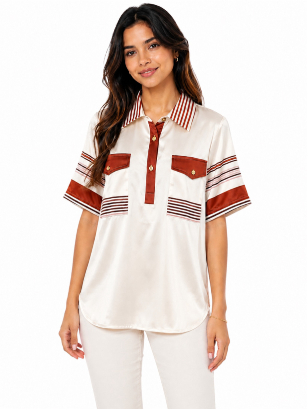 STYLEWE Button Down Shirt Size L White Red Striped Short Sleeve NWT